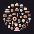 Sweets and pastries flat circle vector illustration.