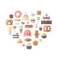 Sweets and pastries flat vector heart illustration.