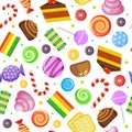 Sweets pattern. Biscuits cakes chocolate and caramel candies wrapped and colored textile design on light background Royalty Free Stock Photo