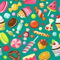 sweets pattern. cakes muffin lollipop delicious cupcakes. Vector seamless background