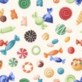 Sweets pattern. Seamless background with candies print. Repeating wrapping design with confectionery. Endless texture