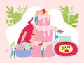 Sweets production concept, tiny people team bake cake with jam for summer cafe, vector illustration