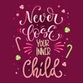 Sweets quote colorful hand draw lettering phrase - Never loose your inner Child - in wine red colors with candy cane font effect