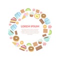 Sweets Round Frame, Candy, Cake, Donut, Cup of Tea, Cookie, Teatime Circle Border Template with Space for Text Vector