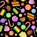 Sweets seamless pattern. Biscuits cakes chocolate and caramel candies wrapped and colored vector textile Royalty Free Stock Photo
