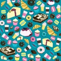 Sweets seamless pattern with cheesecake, brownie, cupcake, chocolate, donut, ice-cream, croissant etc. Can be used for