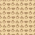 Sweets seamless pattern consisting of croissant, cup of tea, cake for bakery shop, cafe