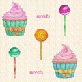 Sweets seamless pattern with cupcake, lollipop and chupa chups