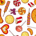 Sweets seamless pattern. Vector illustration with hand drawn sketch elements. Colorful background with various candies. Royalty Free Stock Photo