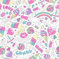 Sweets seamless pattern on a white background. Fashion illustration drawing in modern style for clothes. Drawing for kids clothes