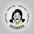 Sweets. Sweet girl. Candy girl. Little girl with sweets in her hands. Candy on a stick. Vector illustration