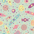 Sweets and sweets with hearts - seamless pattern in pastel colors on a green background. Confetti, lollipops, dots in Royalty Free Stock Photo