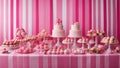 sweets and treats. The table is covered with a white and pink wedding cakes and cupcakes