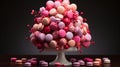 Sweets on the tree. Macaroons and chocolate are hung on the branches. Barbie style pink cakes.