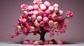 Sweets on the tree. Macaroons and chocolate are hung on the branches. Barbie style pink cakes.