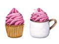 Sweets vanilla cupcake with pink berry cream and hot drink chocolate cup with whipped cream, coffee mug. Watercolor