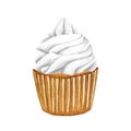 Sweets vanilla cupcake with white cream. Watercolor illustration Valentine's Day or birthday dessert. Drawing of