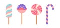 Sweets vector set. Round spiral lollipop, candy with icing and sprinkles, striped treat, marshmallow on a stick. Colorful sweet