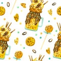 Sweets and yummies hand drawn seamless pattern. Milkshakes, marshmallows, sweets and cookies in African leopard style.