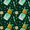 Sweets and yummies hand drawn seamless pattern. Milkshakes, marshmallows, sweets and cookies in the style of an African zebra