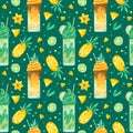 Sweets and yummies hand drawn seamless pattern. Milkshakes, pineapple, carambola and kiwi color drawing. Royalty Free Stock Photo