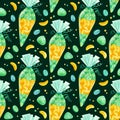 Sweets and yummies hand drawn seamless pattern. Sweet bags, marmalade and candy.