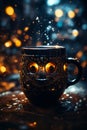 Smiling sweety coffee cup and rising bubles to air with reflectin lights Royalty Free Stock Photo
