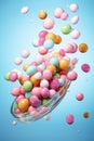 Sweety colors candies fly in the air on pastel background.