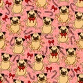 Sweety pattern with cute pug, lollipops, bows and lights.