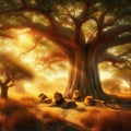 A pride of lions resting in the shade of a baobab tree in the midday heat