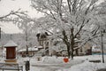 Swieradow Zdroj resort, Poland, December 13, 2018: Zdrojowa street and park in winter, Jizera Mountains