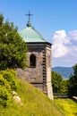 Lysa Gora, Swiety Krzyz mount with gate to Benedictive Abbey in Swietokrzyskie Mountains near Nowa Slupia in Poland