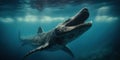 Deep ocean dramatic atmosphere, front portrait close look of Mosasaurus