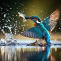 Kingfisher tackles a stickleback fish in river