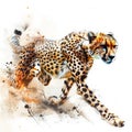 A swift cheetah mid-sprint, captured in dynamic watercolor strokes, beautifully isolated on a