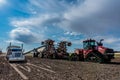 Swift Current, SK/Canada- May 15, 2020: Loading seed and fertilizer from the Super B into Bourgault air drill for seeding in S