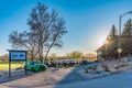 Swift Current, SK/Canada- May 14, 2020: Sunset over the carts and clubhouse at Elmwood Golf Course