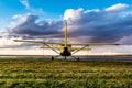 Swift Current, SK/Canada- May 10, 2019: Yellow Cessna Plane in stormy skies