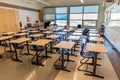 Swift Current, SK- September 2, 2019: Interior of bright, empty school classroom: back to school concept, coronavirus concept