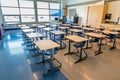 Swift Current, SK- September 2, 2019: Interior of bright, empty school classroom: back to school concept, coronavirus concept