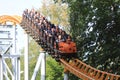 Swiftly descending down rollercoaster rail train