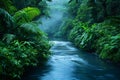 A swiftly flowing river cuts through a dense green forest, creating a vibrant and dynamic scene, River cutting through a