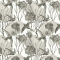 Swifts birds, geranium flowers and tree branches watercolor background . Hand drawn pattern.