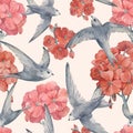 Swifts birds and red geranium flowers watercolor seamless pattern. Hand drawn. For the design of wrapping paper