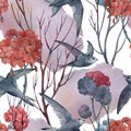 Swifts birds tree branches and red geranium flowers watercolor seamless pattern. Hand drawn art