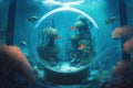 swim in ocean of future space with forests and aquarium fish in space