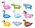 Swim rings cartoon set. Summer inflatable lifebuoys collection with animal heads. Flamingo, crocodile, swan, unicorn, dog, dolphin Royalty Free Stock Photo