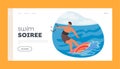Swim Soiree Landing Page Template. Sportsman Character Kite Surfing On Ocean Waves, Riding The Wind, Vector Illustration Royalty Free Stock Photo