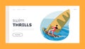 Swim Thrill Landing Page Template. Female Character Enjoying Wind Surfing, Maneuver On A Board With A Sail