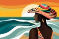 young woman cartoon vacation summer tanned concept black beige beach hat. Generative AI.